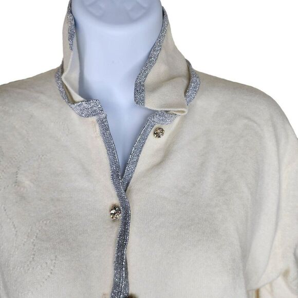 Vintage 50s Dalton Cashmere Cardigan Sweater Womens Size M Ivory Silver Pinup - Picture 3 of 6